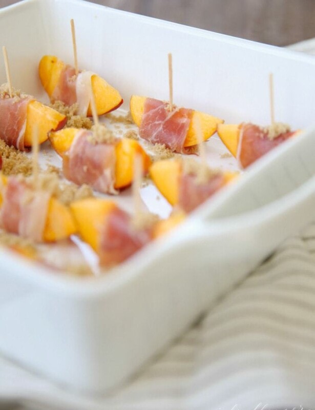 Easy 3 ingredient summer appetizer - Prosciutto Wrapped Peaches in Brown Sugar