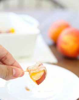 Easy 3 ingredient summer appetizer - Prosciutto Wrapped Peaches in Brown Sugar