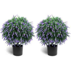 Two identical potted artificial lavender topiary plants with round, dense foliage and purple flowers are placed side by side, making a charming porch planter display against a white background.