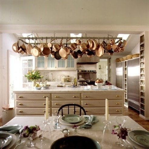 Marth Stewart's Turkey Hill kitchen with copper kitchen accessories