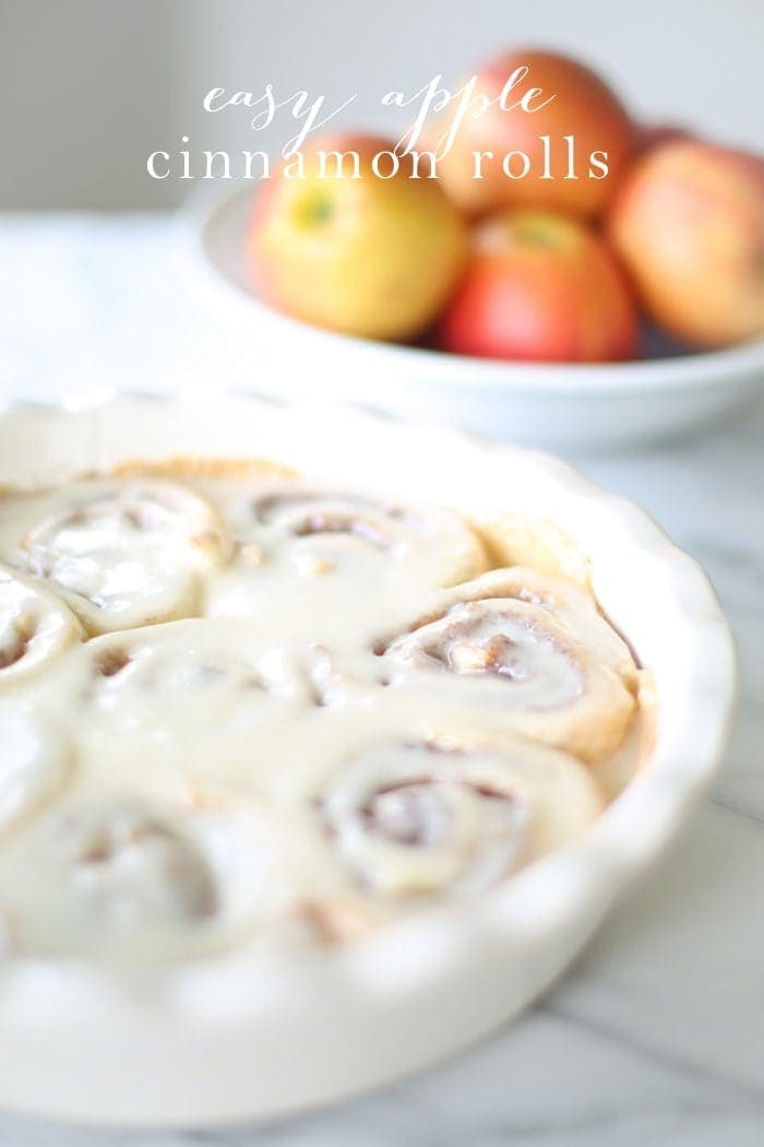 Apple Cinnamon Rolls in a white baking dish with text overlay