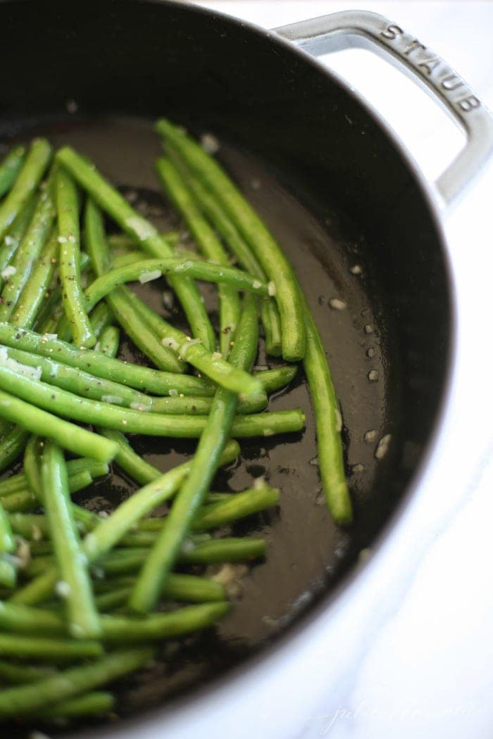 Green beans side dish in a shallow pan