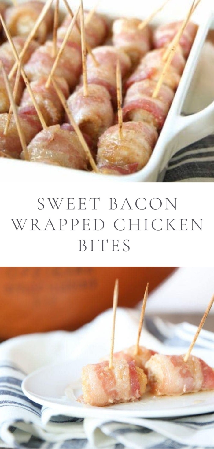 a picture of sweet bacon wrapped chicken bites in a baking dish and a picture of them on a plate
