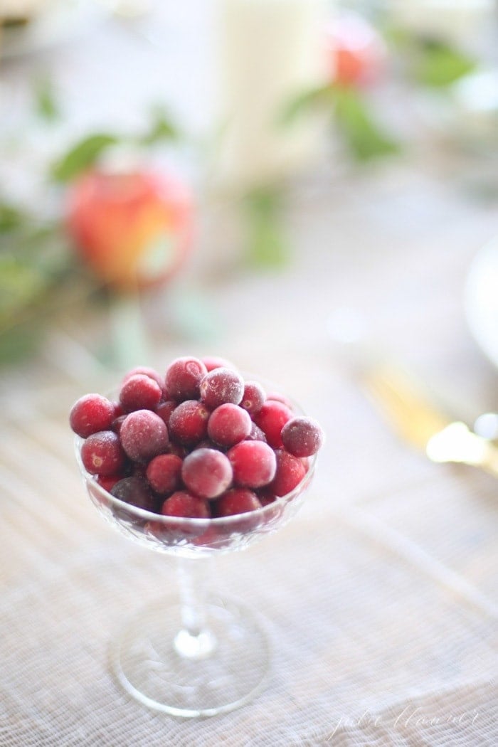 Add a glass of frosted cranberries for an illuminating glow | fall entertaining