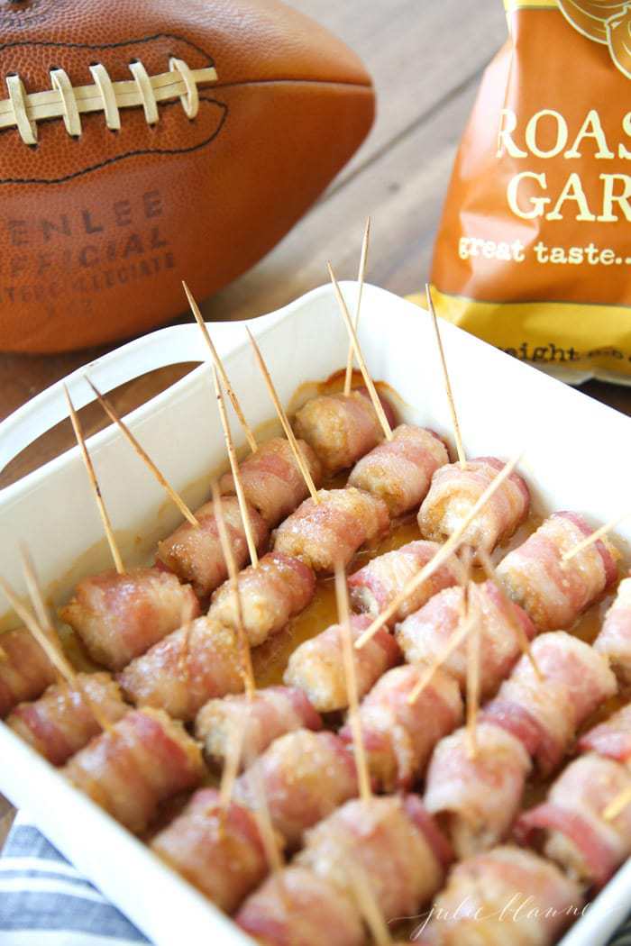 Sweet Bacon Wrapped Chicken Bites | Game Day Appetizer | Julie Blanner