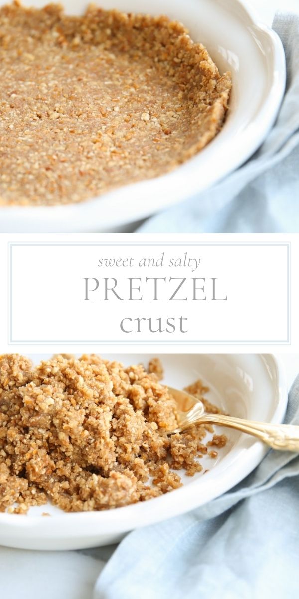 Top photo of post is a portion of a pretzel crust in a white pie dish. The bottom photo is crushed pretzel in a white bowl being stirred with a gold spoon.
