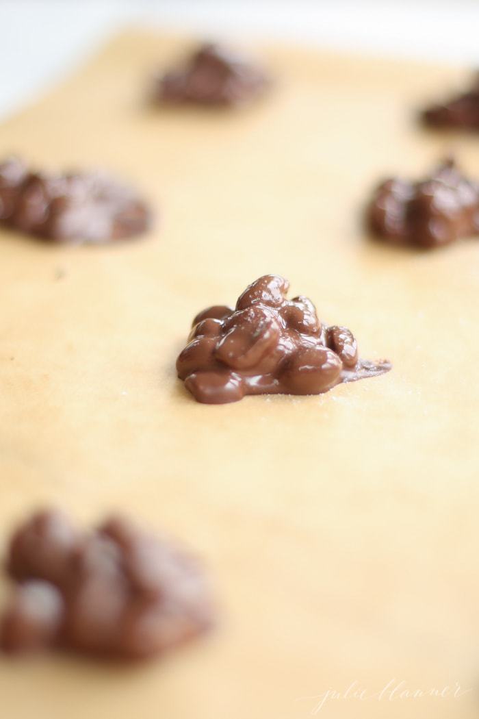 Easy 3 ingredient chocolate peanut clusters Christmas candy recipe