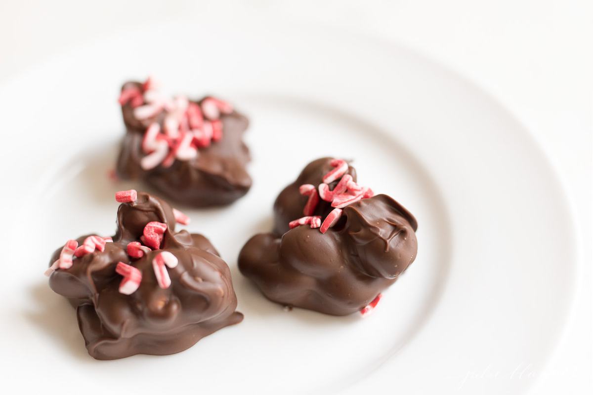 chocolate peanut clusters with red sprinkles