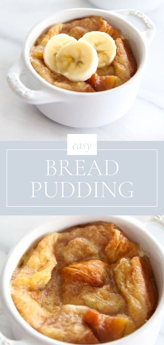 On a marble counter top there are small white baking dishes with bread pudding.
