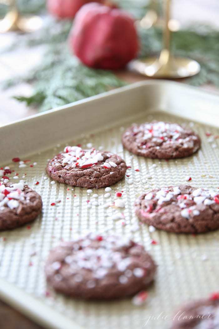 Chewy Chocolate Peppermint Cookies on a baking sheet ready to serve