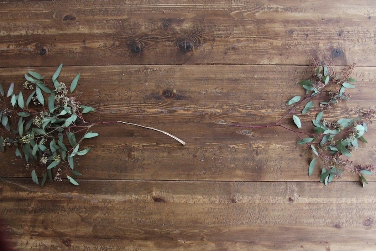 Two branches of eucalyptus arranged as a Christmas candle centerpiece on a wooden table.