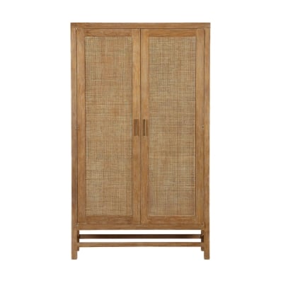 A wood linen cabinet on a white background.