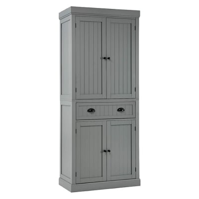 A blue gray toned linen cabinet on a white background.