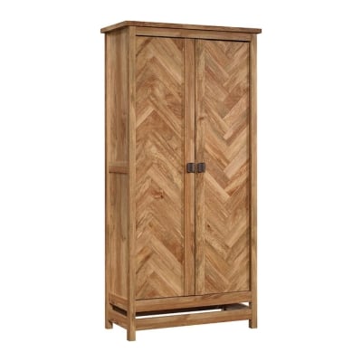A wood linen cabinet on a white background.
