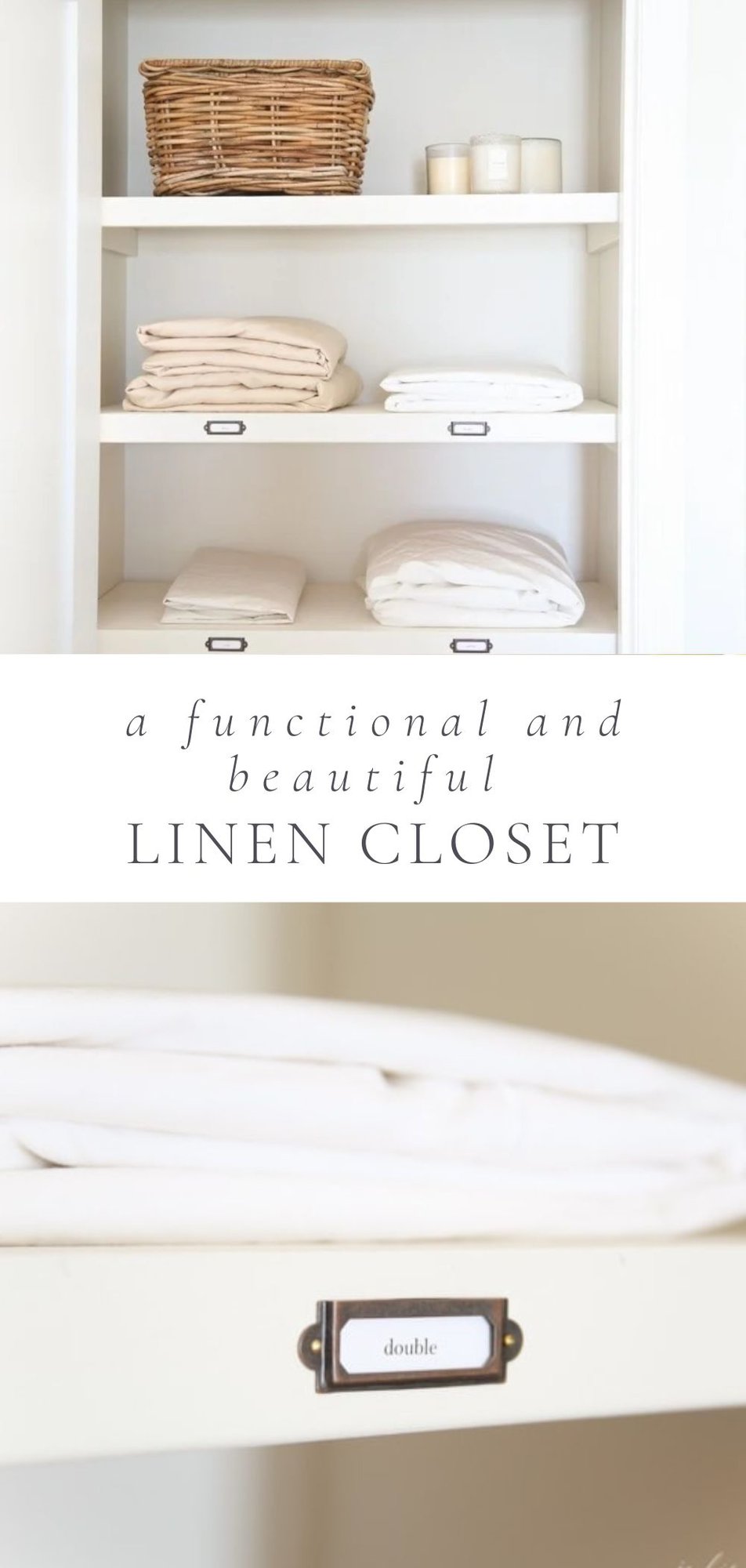 a picture of a linen closet with folded sheets and a picture of a shelf with a label for the sheet size
