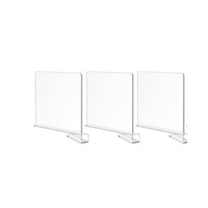 Three clear acrylic sneeze guards with rectangular bases are arranged in a row against a plain white background, ideal for use in shared spaces like a linen closet to help maintain cleanliness and organization.