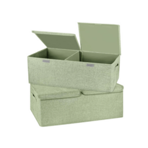 Three stackable, sage green fabric storage bins with lids, two open to show interior, featuring side handles for easy carrying—perfect for organizing your linen closet.
