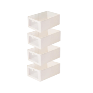 Four white rectangular plastic storage drawers stacked vertically, perfect for organizing your linen closet, shown on a white background.