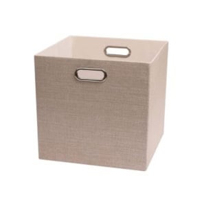 A beige fabric storage bin with metal-reinforced oval handles on two sides, perfect for organizing your linen closet, shown on a white background.