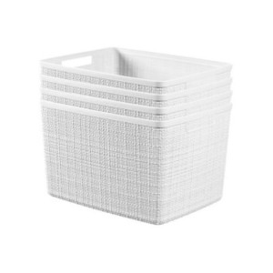 A white plastic storage basket with a woven texture and rectangular shape, featuring two cutout handles on opposite sides—perfect for organizing your linen closet.