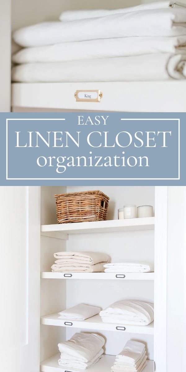 A neatly organized linen closet features folded white towels and bedding on shelves, all labeled by size, with a wicker basket and candles arranged on the top shelf.