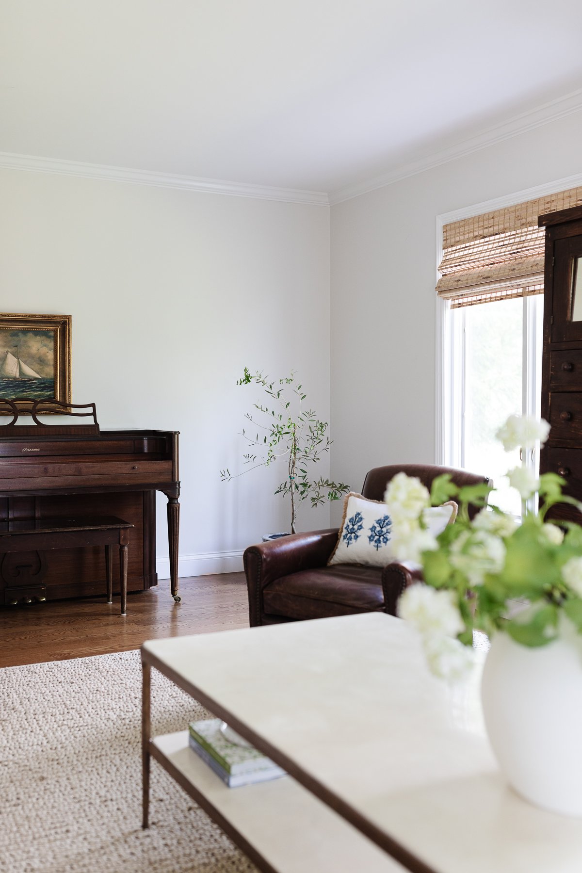 A piano in a family music room.