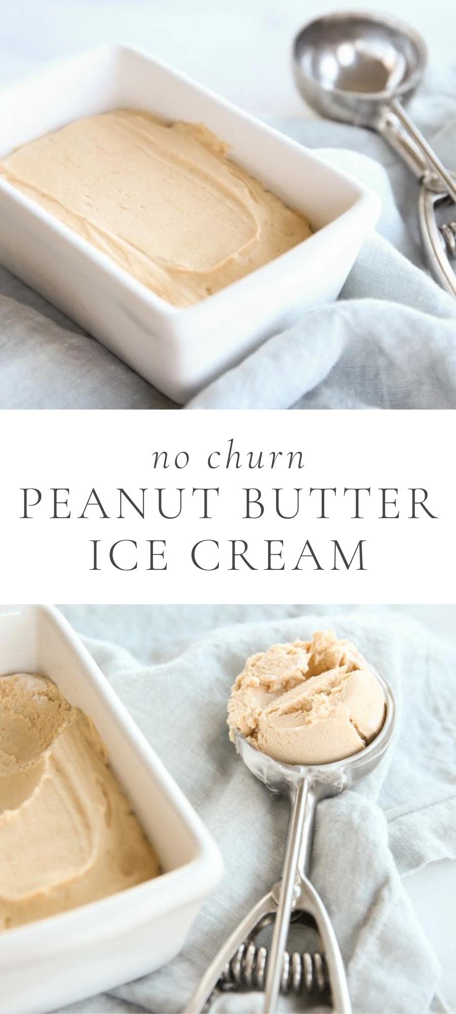 peanut butter ice cream in white baking dish next to scoop spoon and blue napkin