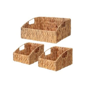Set of three woven storage baskets with handles, perfect for organizing your linen closet—includes one large and two smaller baskets, displayed against a white background.