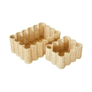 Two rectangular woven baskets with wavy edges, one larger and one smaller, made from light-colored natural material—perfect for organizing your linen closet.