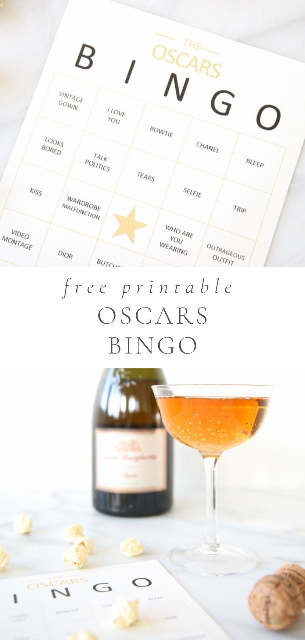 an Oscars bingo card and and Oscars bingo card with a glass of bubbly