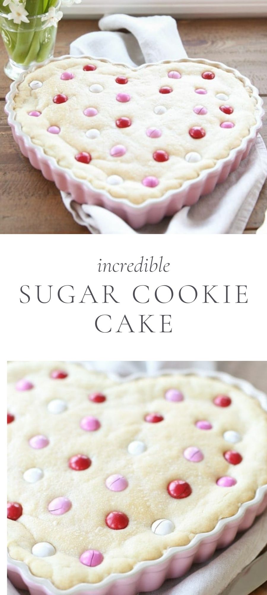 Sugar cookie cake in heart shaped baking pan
