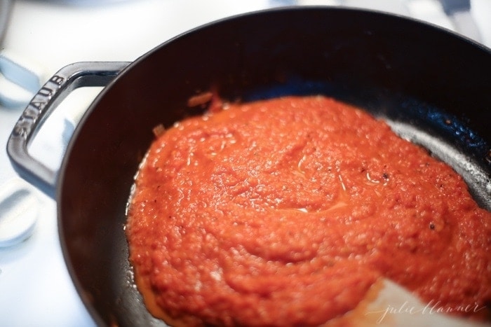 Pureed vodka sauce in a pan