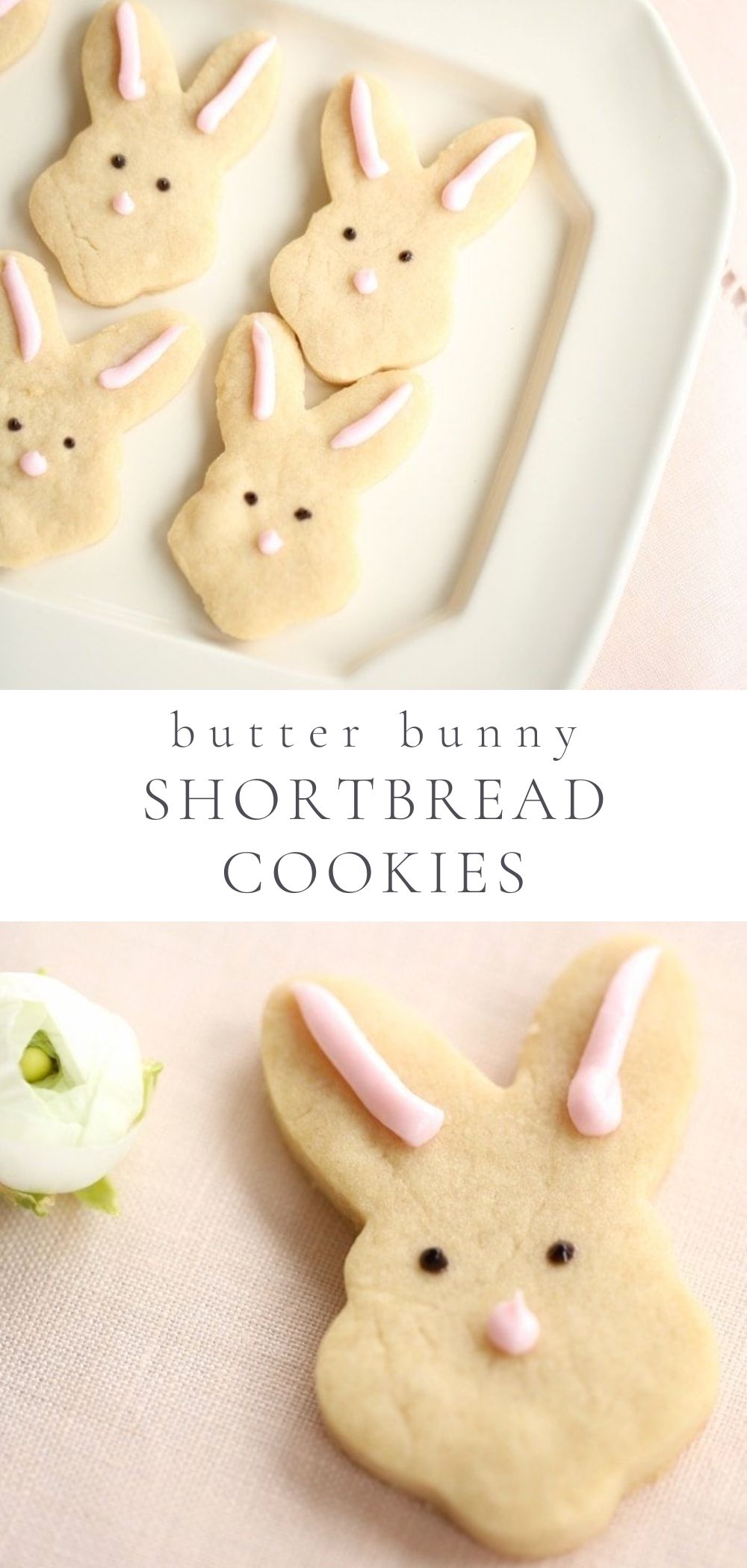 adorable bunny shaped butter shortbread cookies are displayed on a white platter
