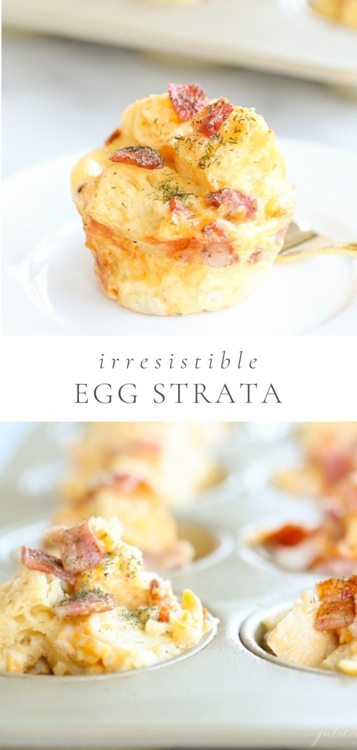 egg strata recipe in a muffin tin on the bottom photo and a close up on a white plate on top.
