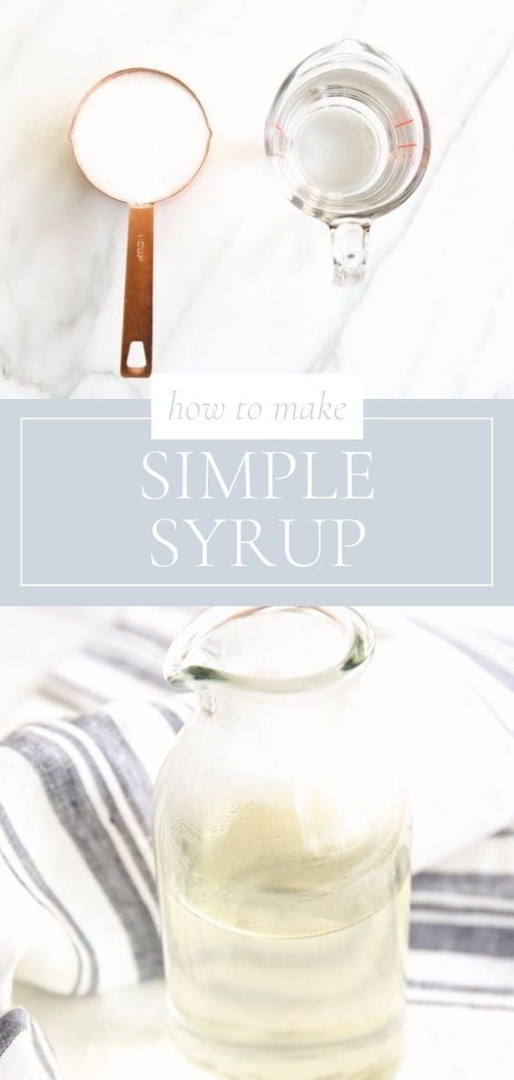 Title page with two photos shows a measuring cup of water and a measuring cup of sugar and below is a photo showing a clear glass of simple syrup next to a grey and white stripped napkin.