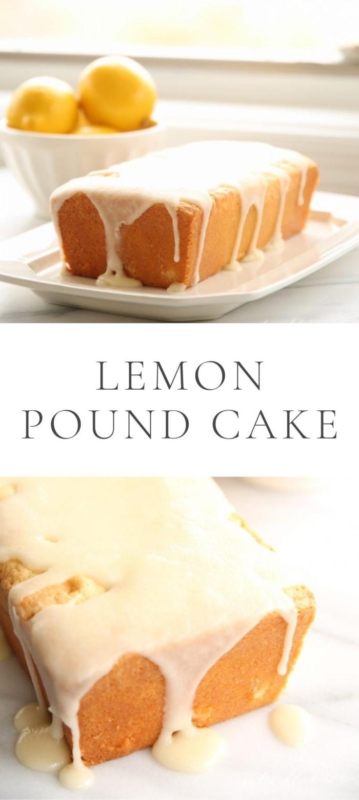 lemon pound cake in plate with lemons