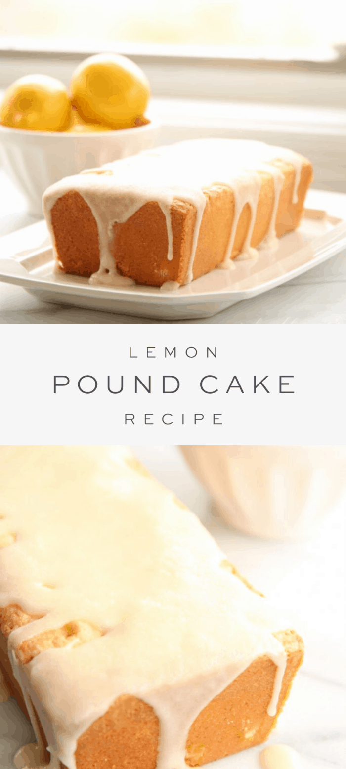 lemon pound cake on a platter, overlay text, close up of lemon pound cake