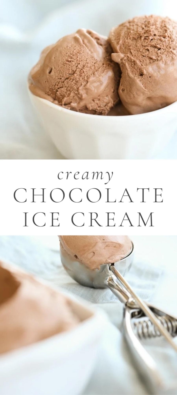chocolate ice cream in bowls and scoop