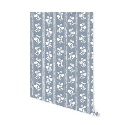 blue and white block print powder room wallpaper