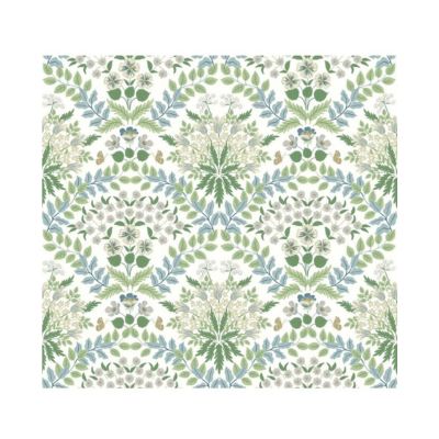 blue and green patterned powder room wallpaper