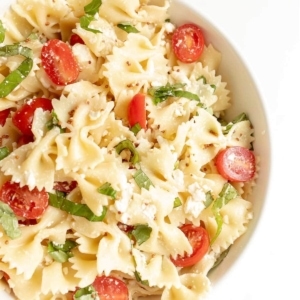 easy bowtie pasta salad in a mixing bowl