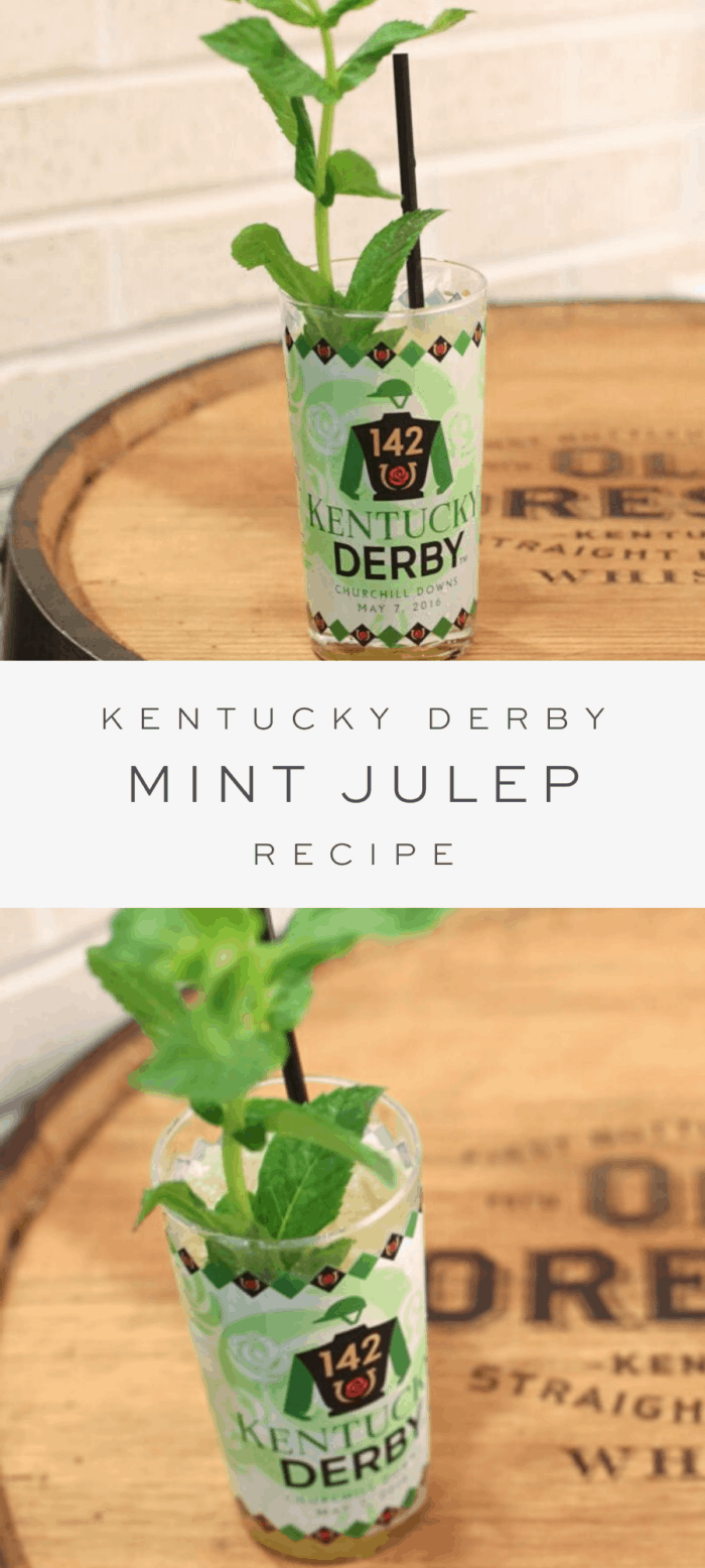 mint julep cocktail on barrel, overlay text, close up of mint julep cocktail