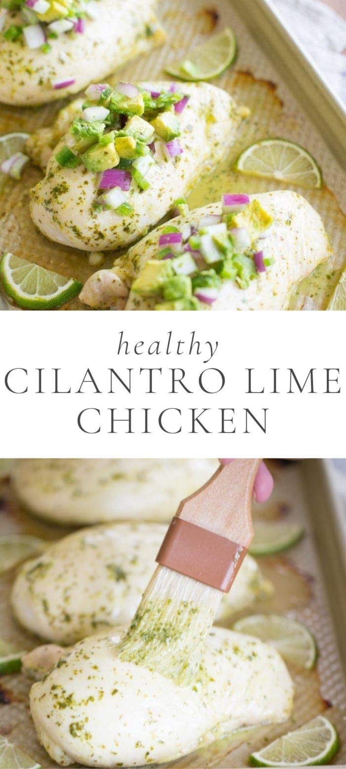 cilantro lime chicken with avocado and lime on baking sheet