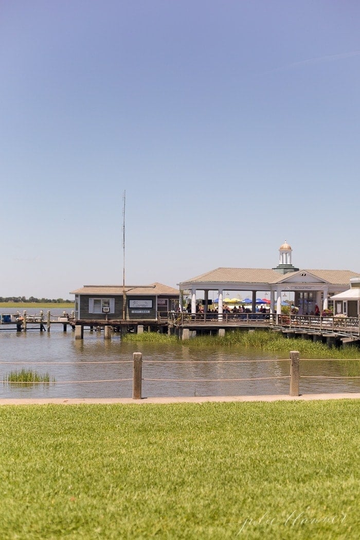 Jekyll Island restaurant on a wharf, water and docks surrounding
