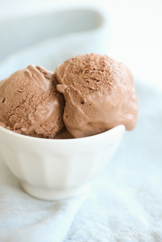 A white bowl filled with homemade chocolate no churn ice cream.