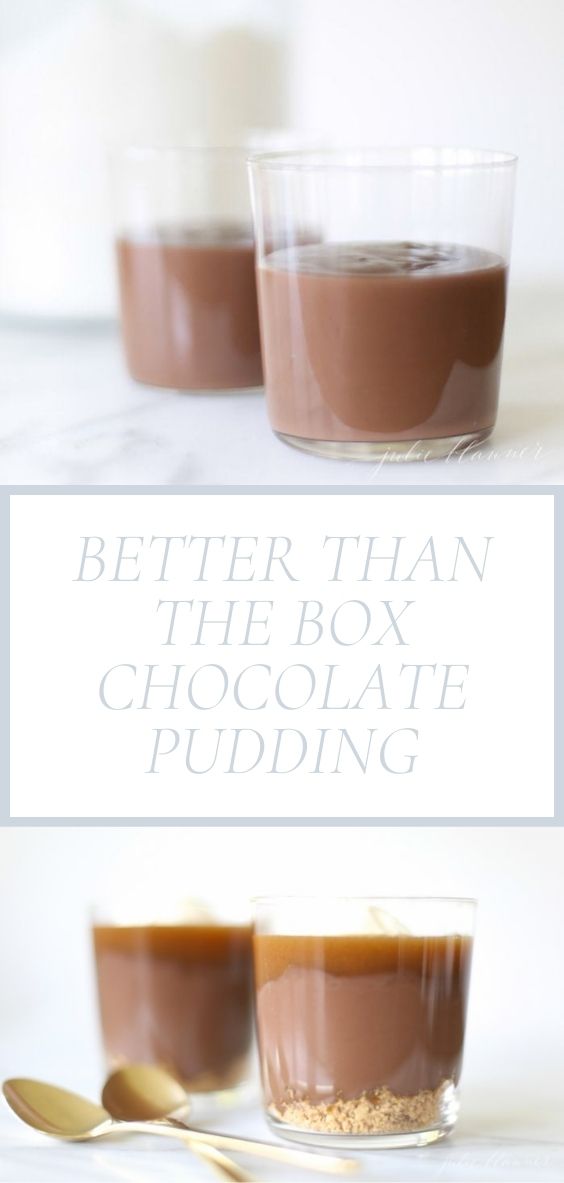 Better Than The Box Chocolate Pudding is in clear glass jars on a marble counter top with golden spoons.