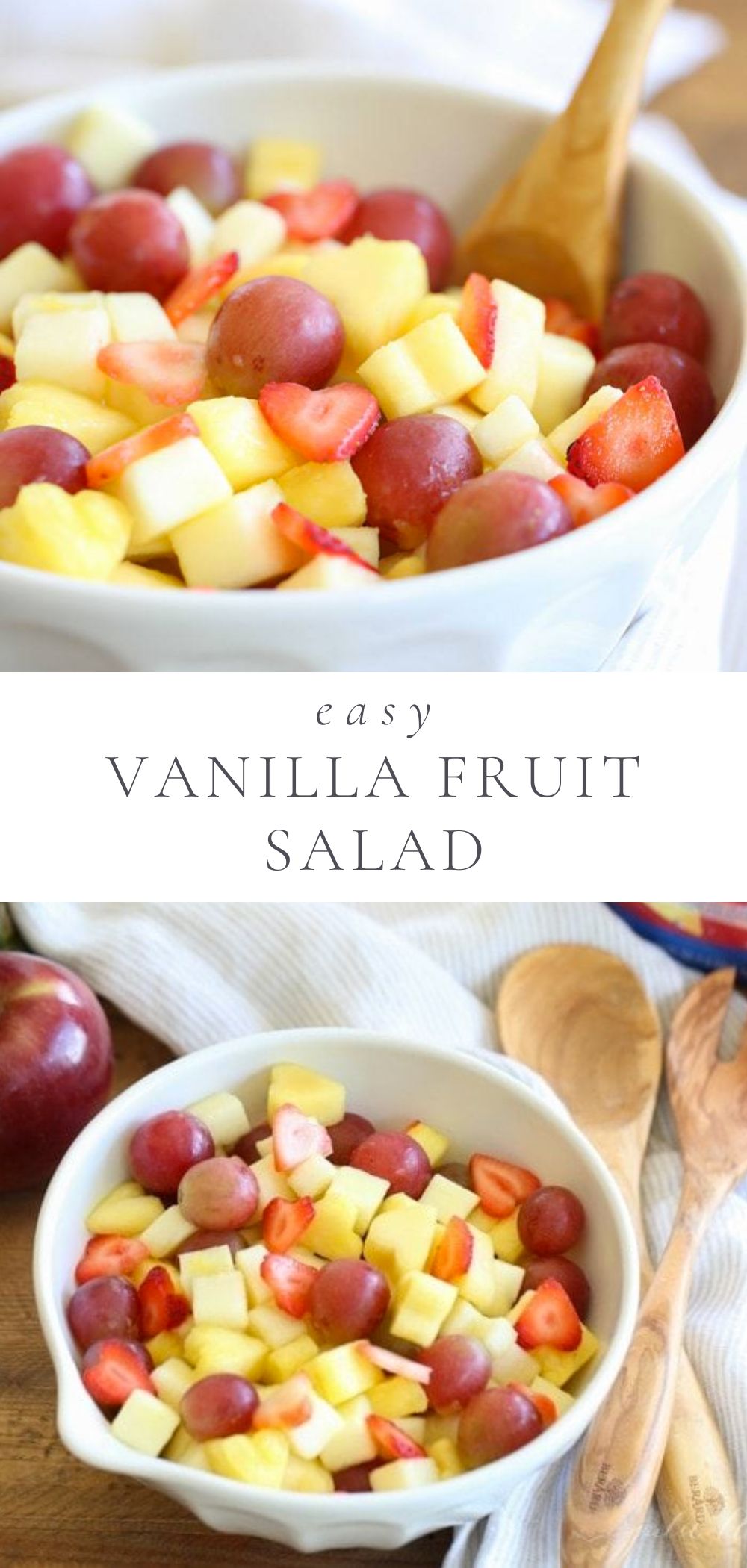 vanilla fruit salad in a bowl with a wooden spoon