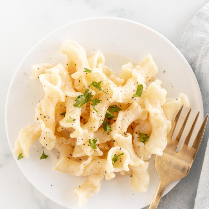 fontina cheese pasta on white plate with gold fork