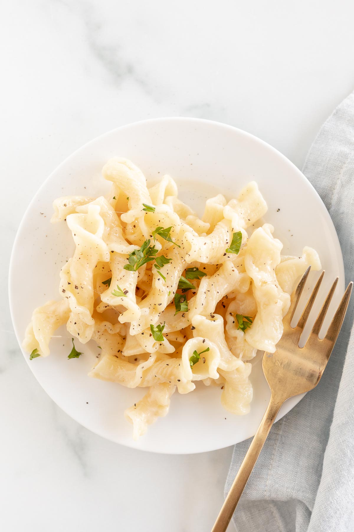 fontina cheese pasta on white plate with gold fork