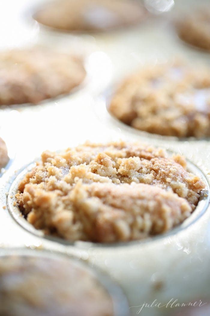 Close up of the topping on the baked apple cobbler muffins